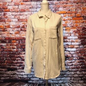 THREAD & SUPPLY WOMENS CREAM & TAN STRIPED FLANNEL BUTTON DOWN SHIRT SIZE LARGE